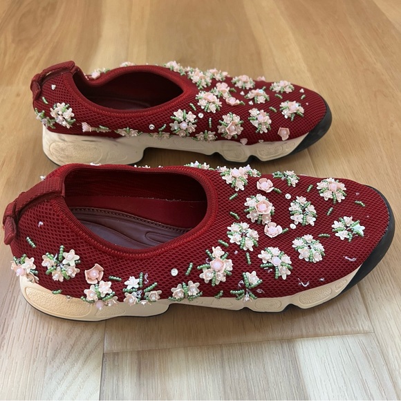 Dior Shoes - Authentic Dior Burgundy Slip On Sneakers Beaded Floral Design Size 38.5